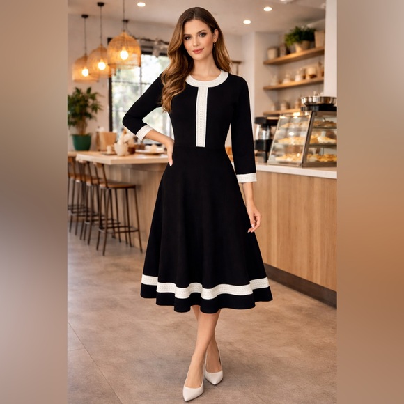 Talbots Dresses & Skirts - Talbots Black Fit & Flare Dress with Ivory Trim – Women’s Size Small